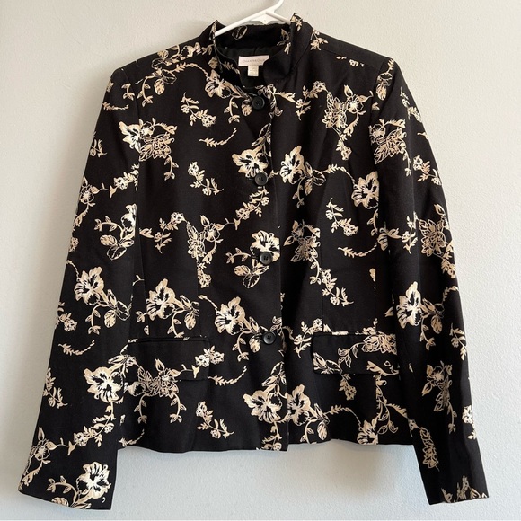 Charter Club Womens 100% Silk Blazer Black Cream Floral Mock Neck Sz 12 Preppy - Picture 1 of 11